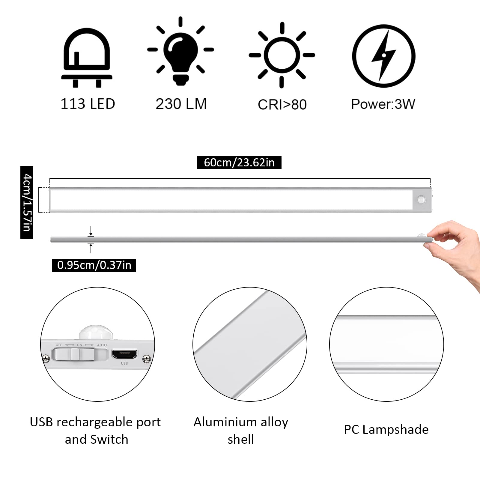 Klighten 2 Stück 60cm Schrankbeleuchtung mit Bewegungsmelder, Unterbauleuchte Küche LED 230LM, 3200 mAh Batterie, Auto/ON/OFF, USB Aufladbar, Magnet Schranklicht, 3000K Warmweiß, Silber