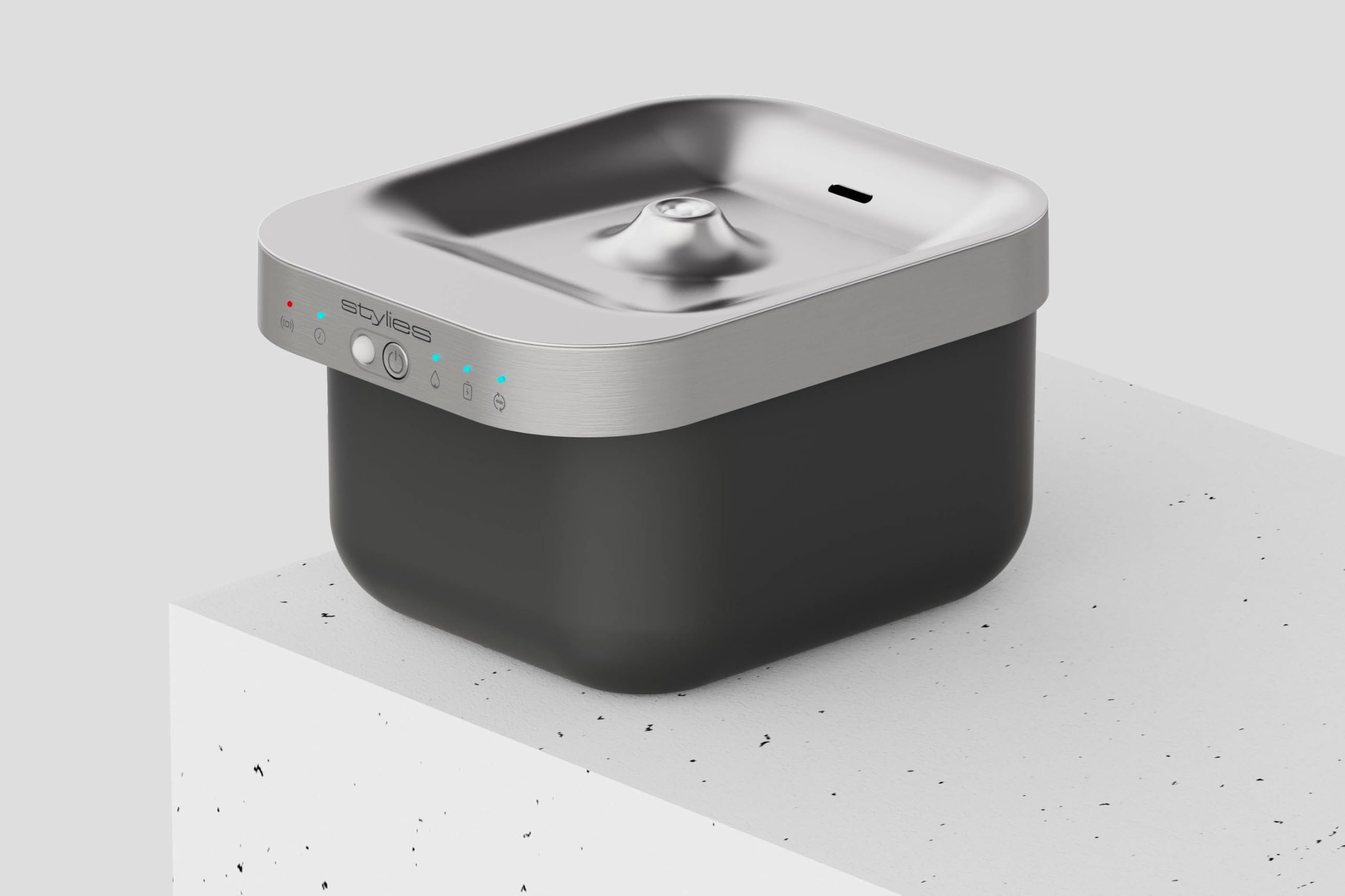 Fuente inalámbrica para gatos, 2,5 L, batería de 5000 mAh, detector de movimiento, para perros y gatos, con bandeja de acero inoxidable, color gris oscuro y plateado