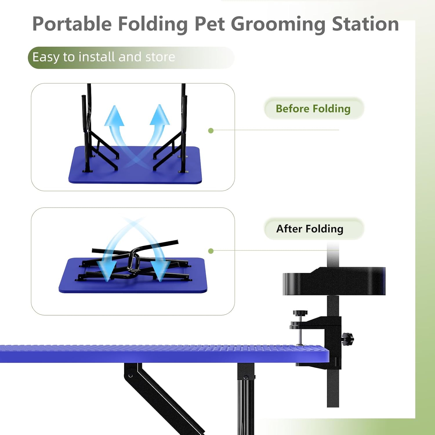 36'' Blue Foldable Dog Grooming Table with Iron Frame and Mesh Tray