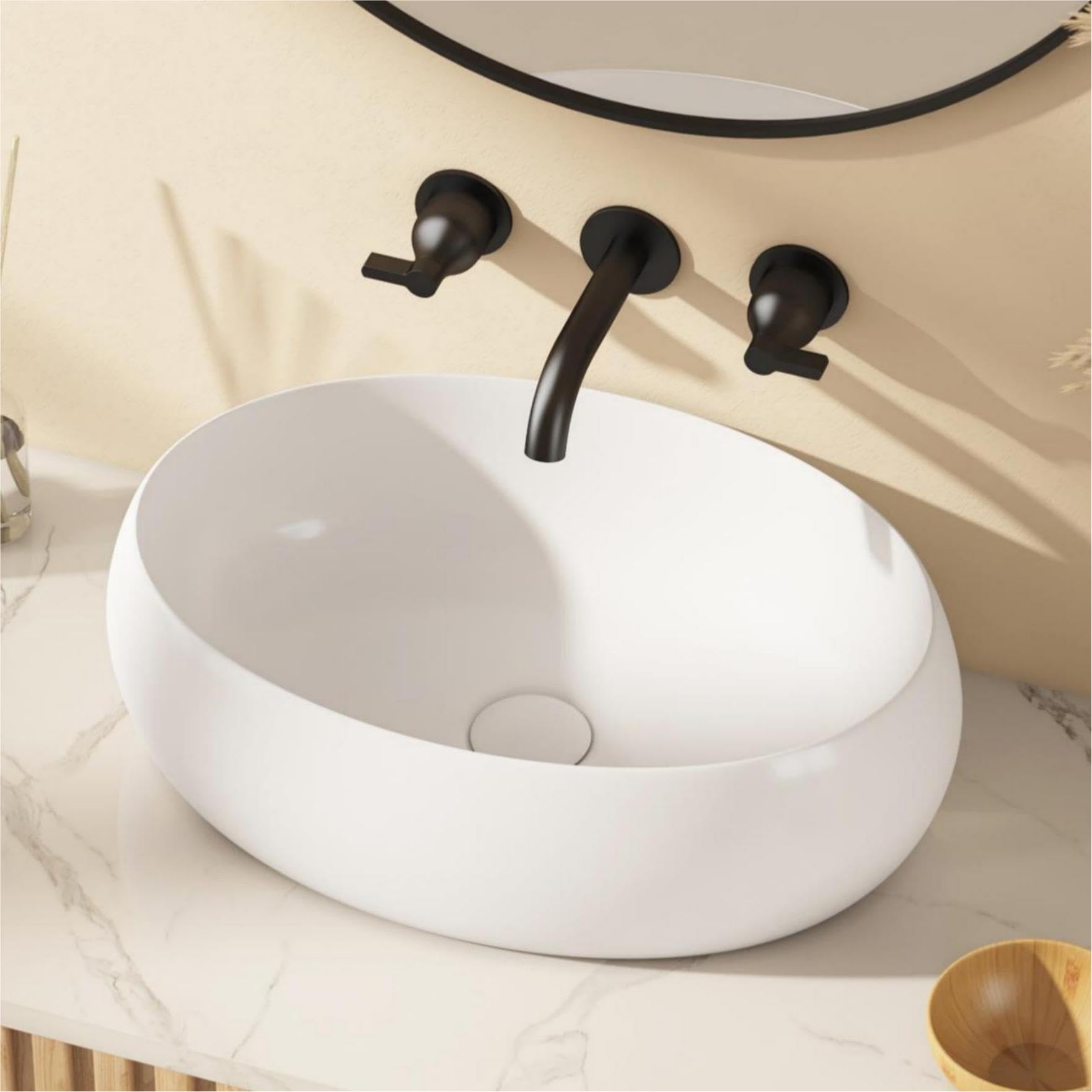 Eridanus Countertop Basin, Oval Ceramic Bathroom Vessel Sink, 470 x 330 x 145 mm, Gloss White, Modern Vanity Wash Basin