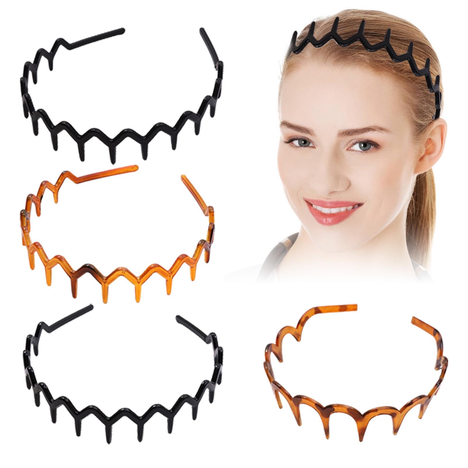 Plastic Zig Zag Headband, 4pcs Sharks Tooth Hair Comb Headband for Women Girls, Non-slip Zigzag Hair Band Women Men Hair Accessory(Black & Brown)