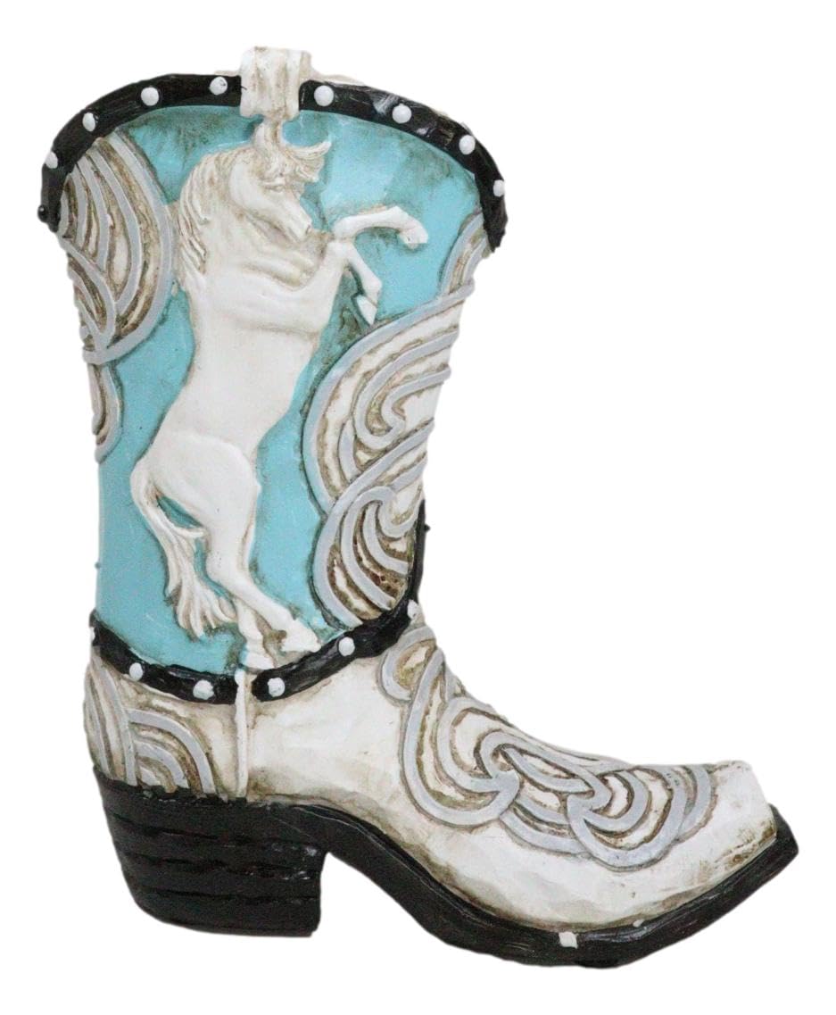 Ebros Gift Rustic Country Western Turquoise and White Prancing Horse Cowboy Boot Decorative Piggy Coin Money Bank Jar Container Figurine