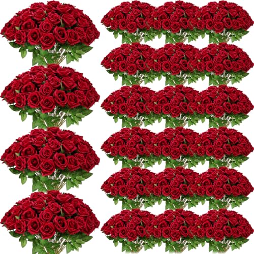 Riceshoot 500 rosas artificiales de seda con tallo largo, ramo de boda realista, a granel para jardín, hogar, fiesta, regalos, decoración (rojo vino)