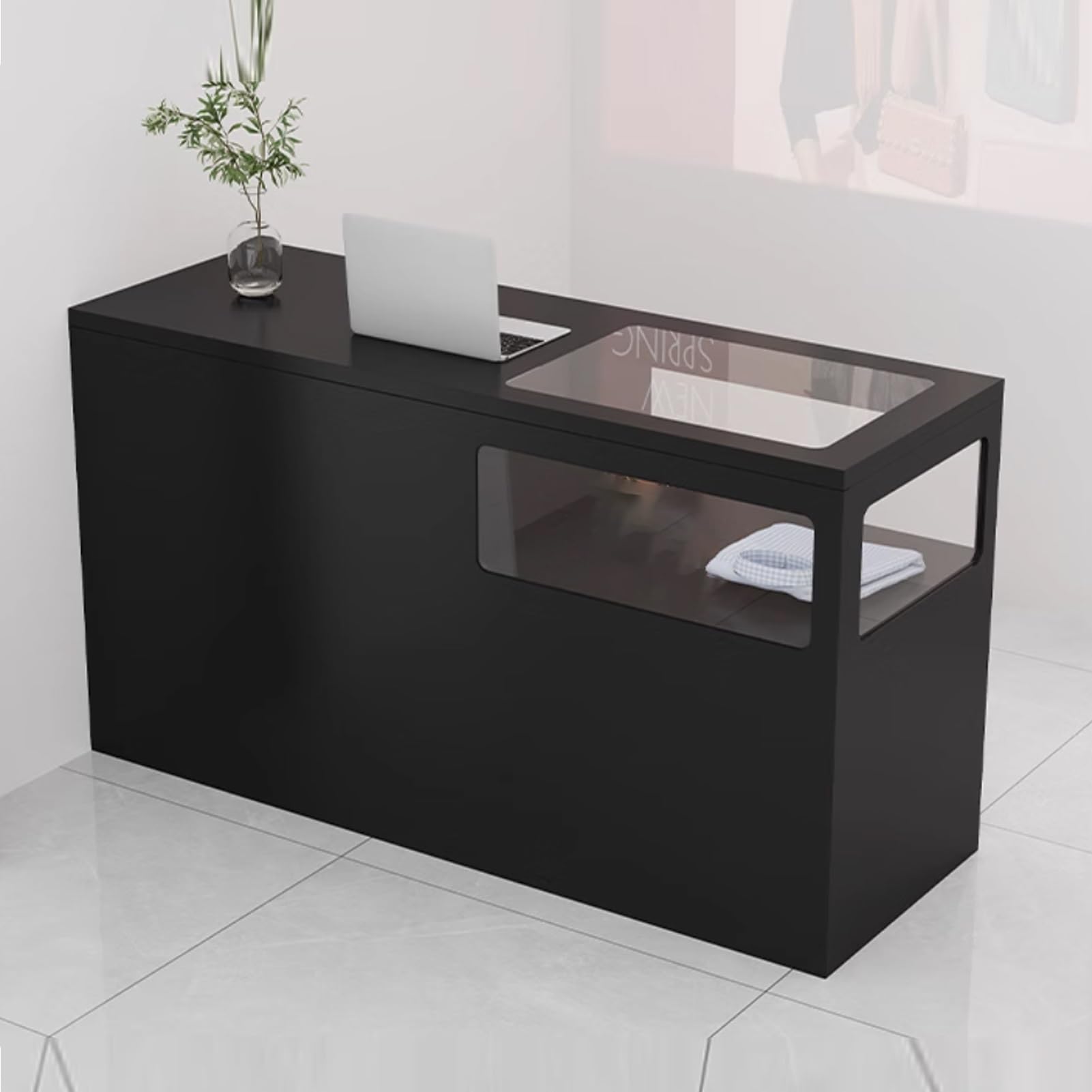 Bancone Reception Moderno con cassetti e Ripiani, bancone per Cassa, Ideale per Hall, saloni e uffici Domestici, Finitura Marrone.