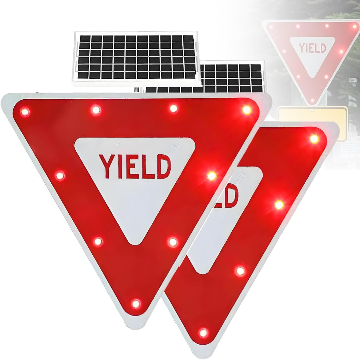 ROEFETY 28" Triangle Flashing LED Crossing Sign,Solar Powered LED Flashing YIELD Sign,IP65 Waterproof,Engineer Grade Reflective,for Roads Parking Factory School Zones Neighborhoods 2piece