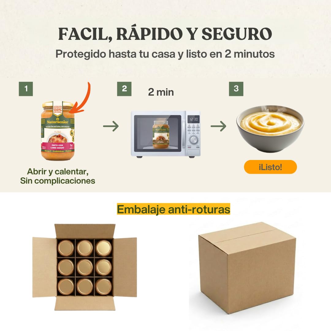 Natursenior - Comida Triturada para Personas Mayores - Pack Puré de Pisto con Lomo Asado - 100% Natural, Omega 3, Fibra, Proteína - 6 uds x 340g