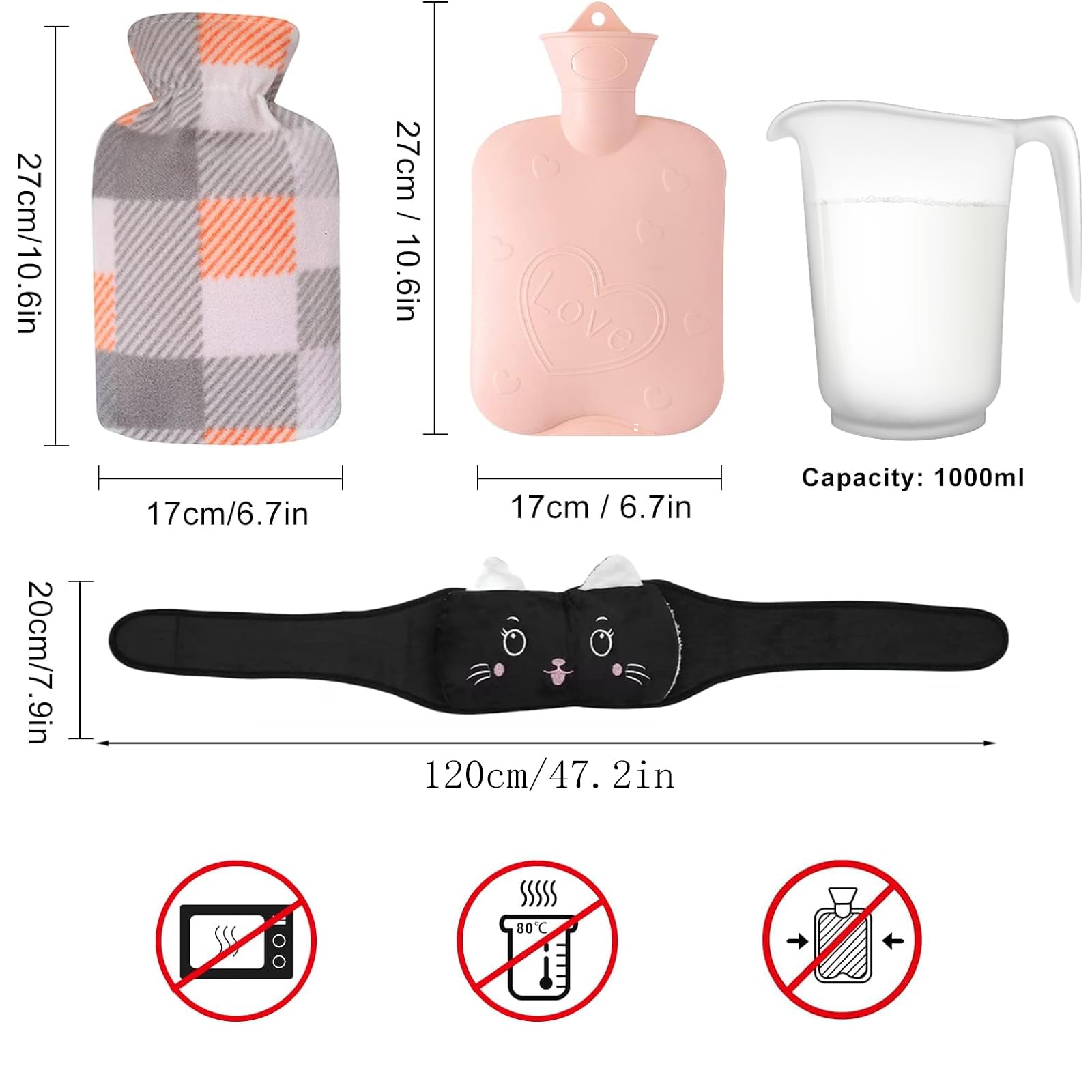 Pasek do termoforu, gumowy termofor z miękką poszewką i poszewką w talii, 3 w 1, termofor 1 l, termofor z pokrowcem, termofor na szyję i ramiona, plecy, nogi, talię