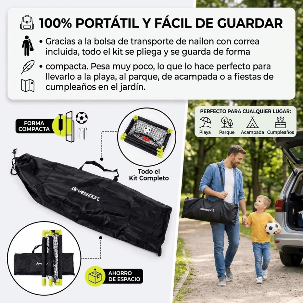 Devessport Set de 2 Mini Porterías de Fútbol para Niños, 90x60x60 cm | Incluye Balón, Inflador, Piquetas y Bolsa de Transporte | Porterías Plegables e Infantiles para Jardín, Exterior y Playa