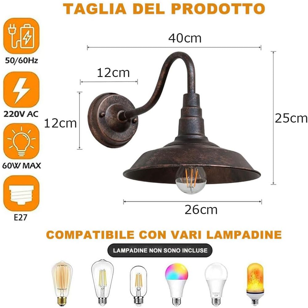 2 Pezzi IP54 impermeabile applique da parete per esterni 10 "applique da parete per esterni in bronzo retrò E27 lampada da parete in ferro antico casale lanterna esterna per portico garage