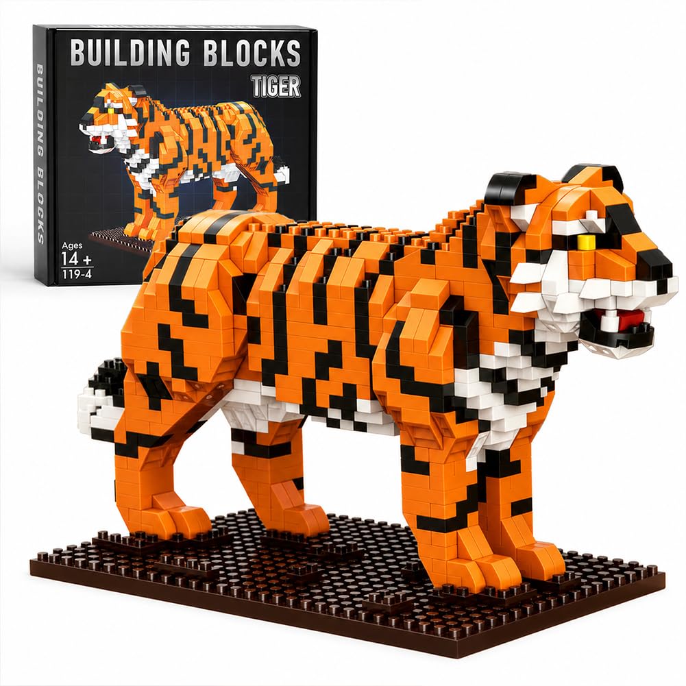 Mini Animals Building Blocks Set For Tiger, Micro Animal Construction Toy with Display Base, Small Building Bricks for Kids 8-12, Birthday Party Bag Fillers, Goodie Bag Prizes (Tiger)