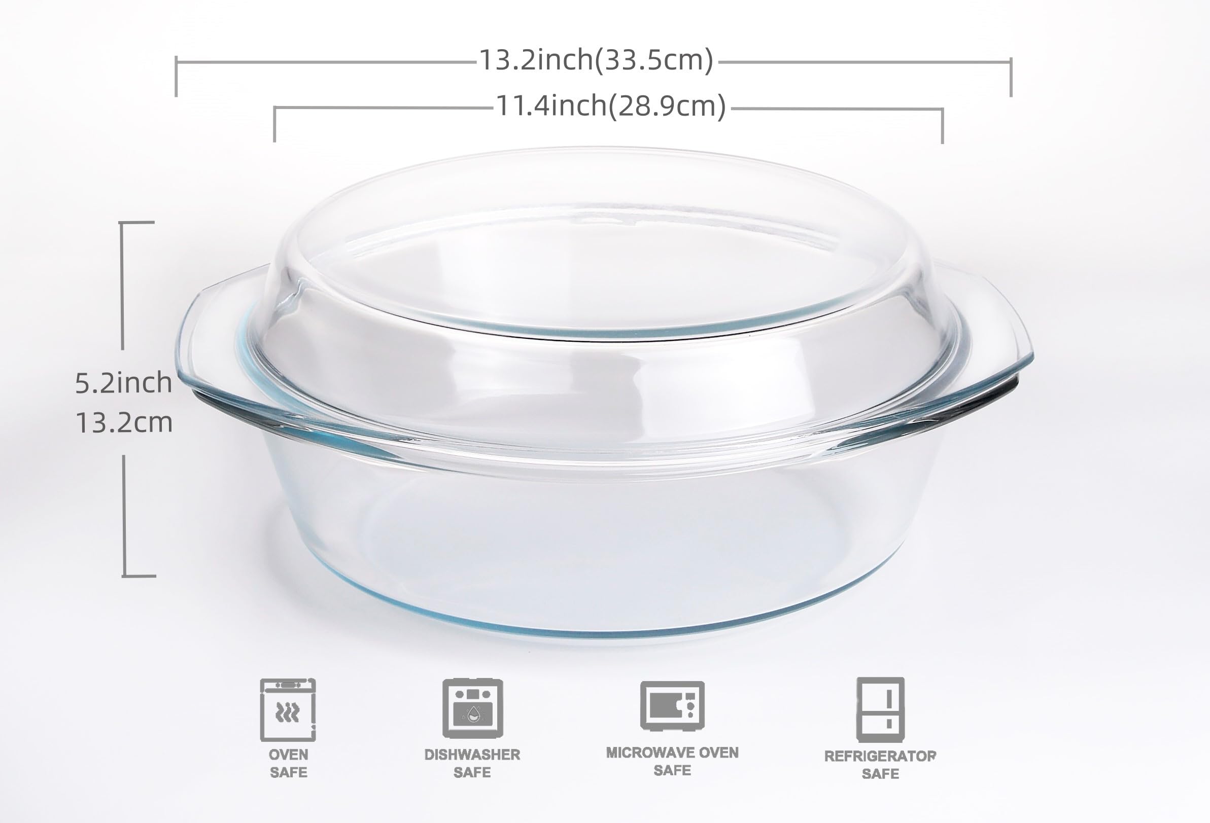 Round Tempered Glass Casserole Dish with Lid, Glass Casserole Baking Dish. Oven Freezer and Dishwasher Safe. - 4QT