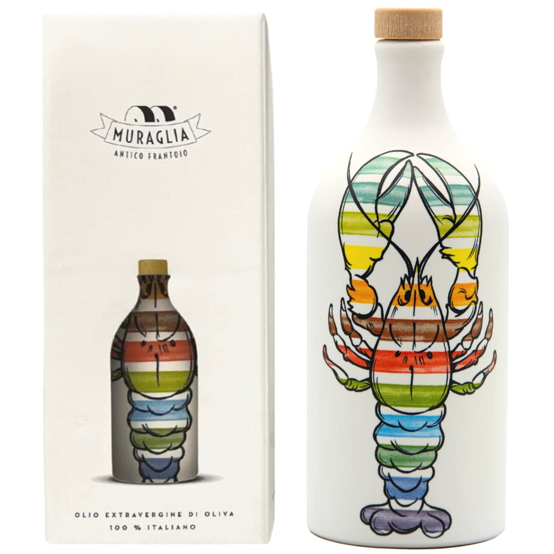 Antico Frantoio Muraglia Intense Fruity Extra Virgin Olive Oil from Apulia | Premium Polyphenol Rich EVOO | Early Harvest First Cold Pressed | Lobster Collectible Handmade Ceramic Bottle with Beautiful Gift Box | 16.9 Fl.oz (500 ml) | Imported from Italy