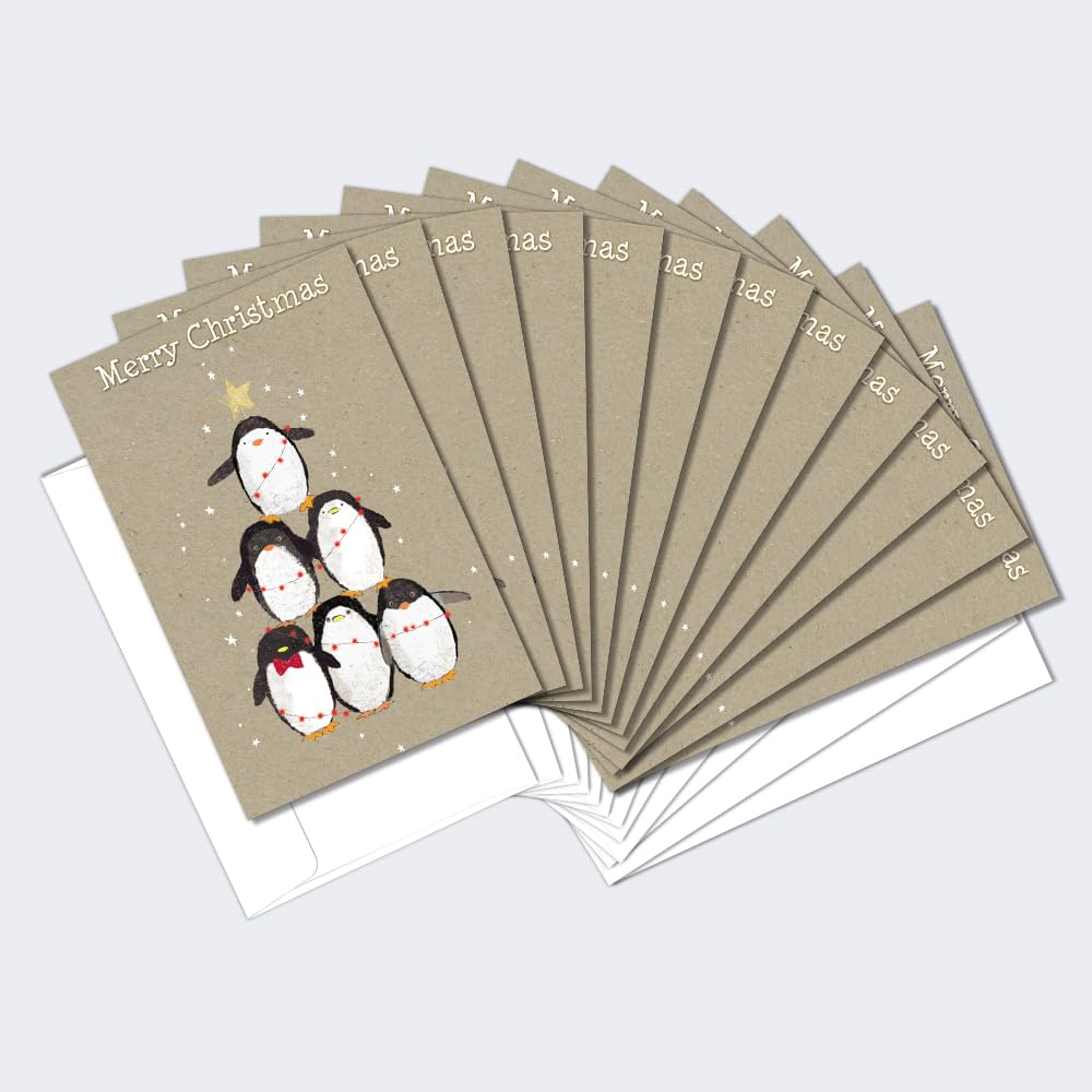 Tree-Free Greetings - Season's Greeting Card - Artful Designs - 1 Card + Matching Envelopes - Made in USA - 100% Recycled Paper - 5"x7" - Penguin Pile (FS93532)