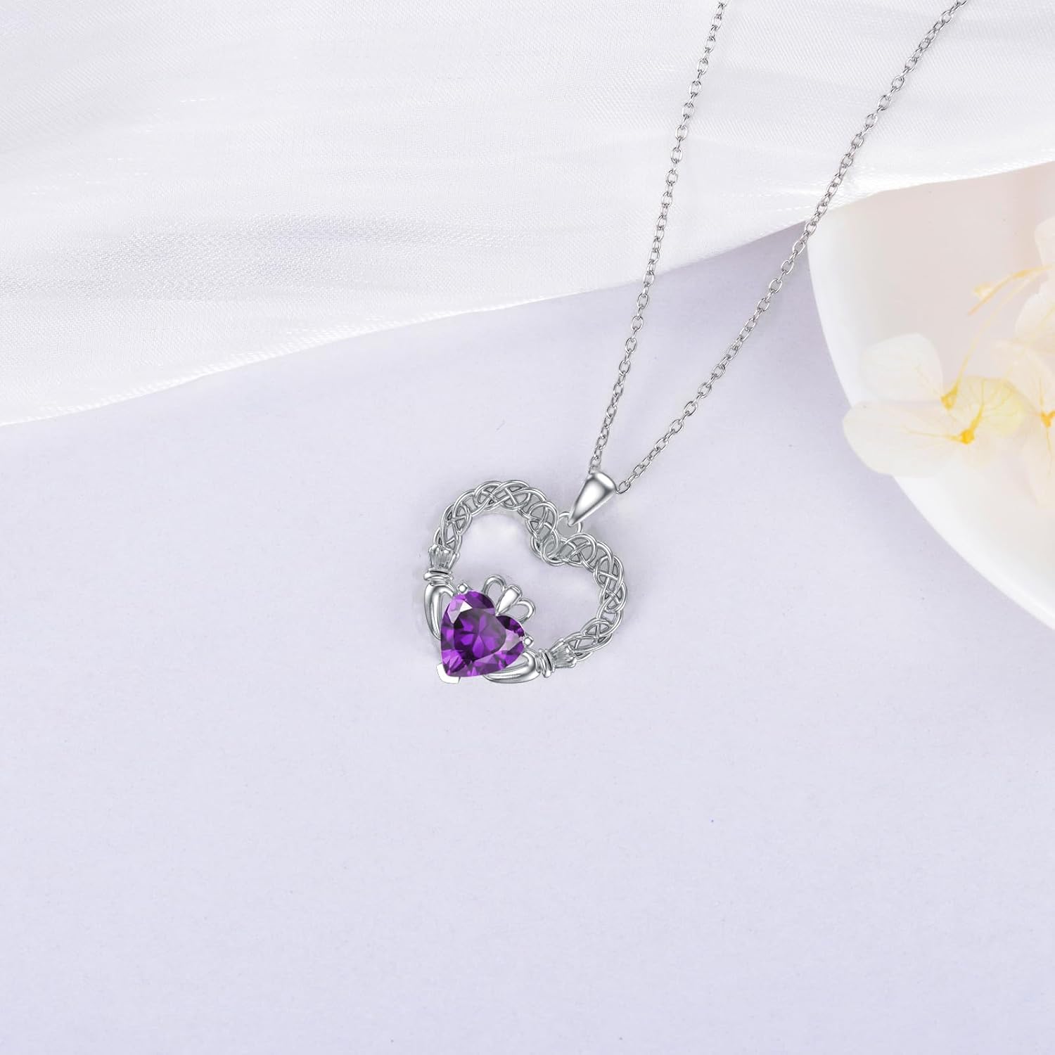 LONAGO Irish Claddagh Necklace Sterling Silver Claddagh Heart Necklace with Synthetic Birthstone Gift for Women