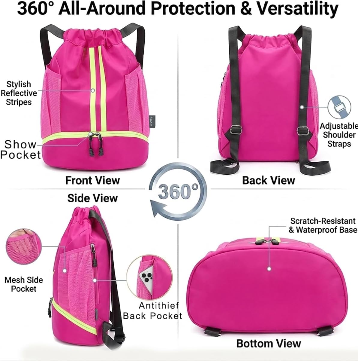 Drawstring Backpack with Shoe Compartment Gym Bag Water Resistant