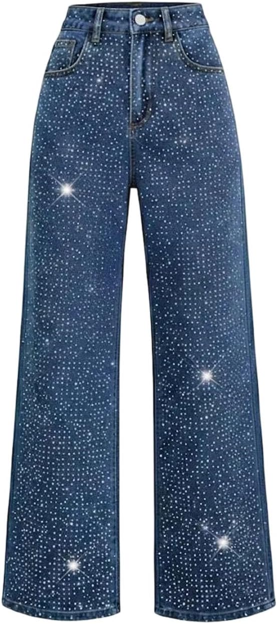 Women Diamond Spliced Jeans Elegant Casual Midi Waist Solid Button Pant Washed Autumn Winter Denim