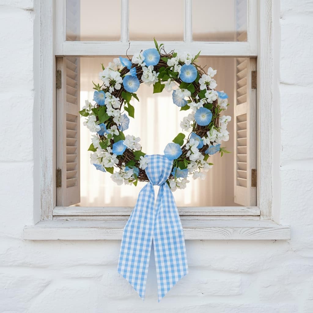 2 Pack Blue White Plaid Wreath Sash Front Door Decoration, Blank Sashes Patriotic July 4th Summer Holiday Party Bow Ribbon Bundle Indoor Outdoor Farmhouse