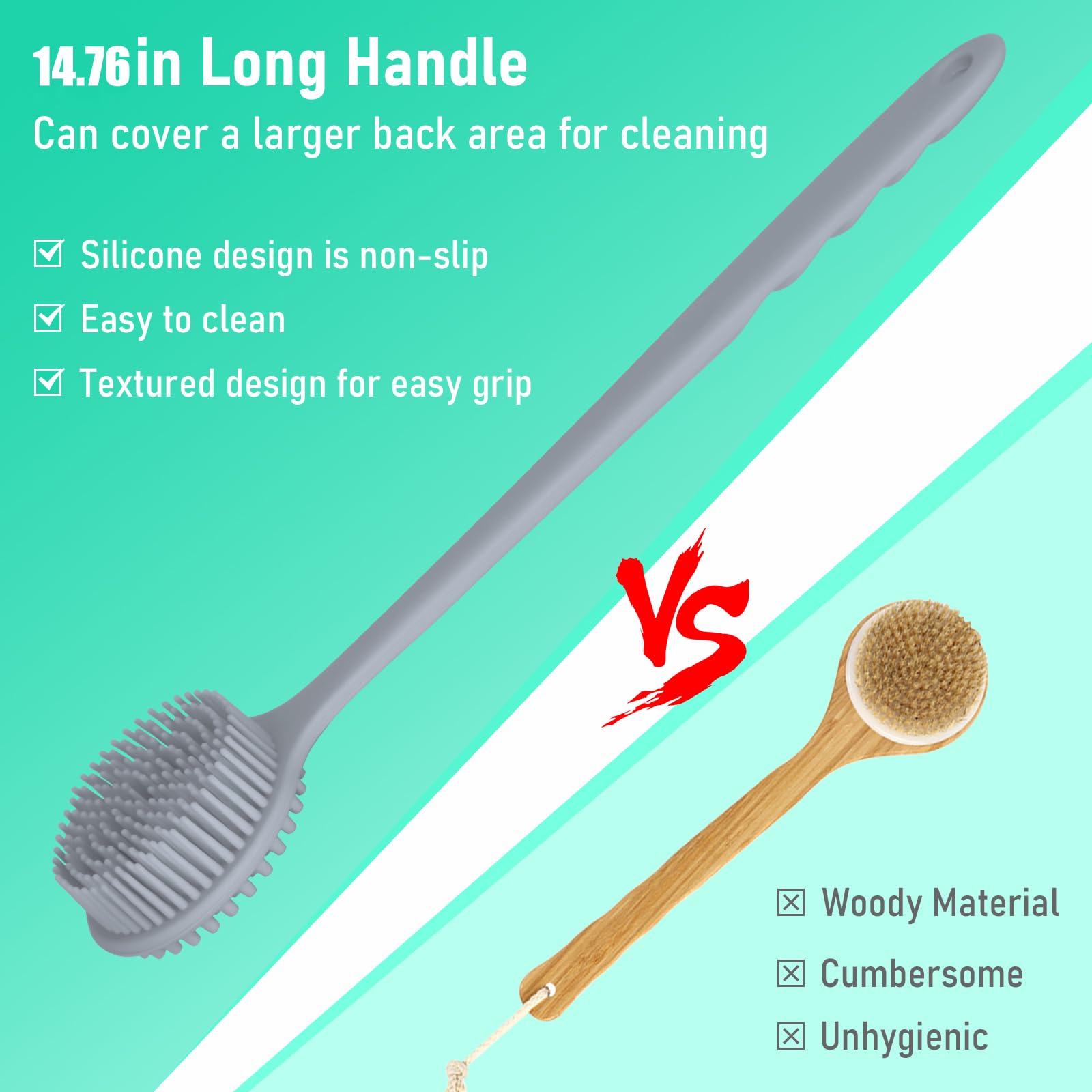 KXF Silicone Back Scrubber 37.5cm Long Handle Double-Sided Shower Body Brush Body Scrubber Bath Wash Brush with Soft Lathering Bristles and Stiff Massage Nodes Gentle Exfoliating Showering Exfoliator - Image 4