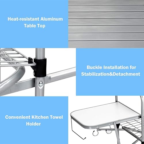 Miniatura 6 de GYMAX Mesa de campamento plegable de aluminio, mesa de parrilla al aire libre con mesa auxiliar, ganchos y bolsa de transporte, mesa de picnic