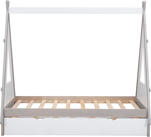 Miniatura 6 de MMTGO Cama de piso de madera de tamaño individual, con nido extraíble, marco de cama Montessori con estructura triangular, muebles de dormitorio