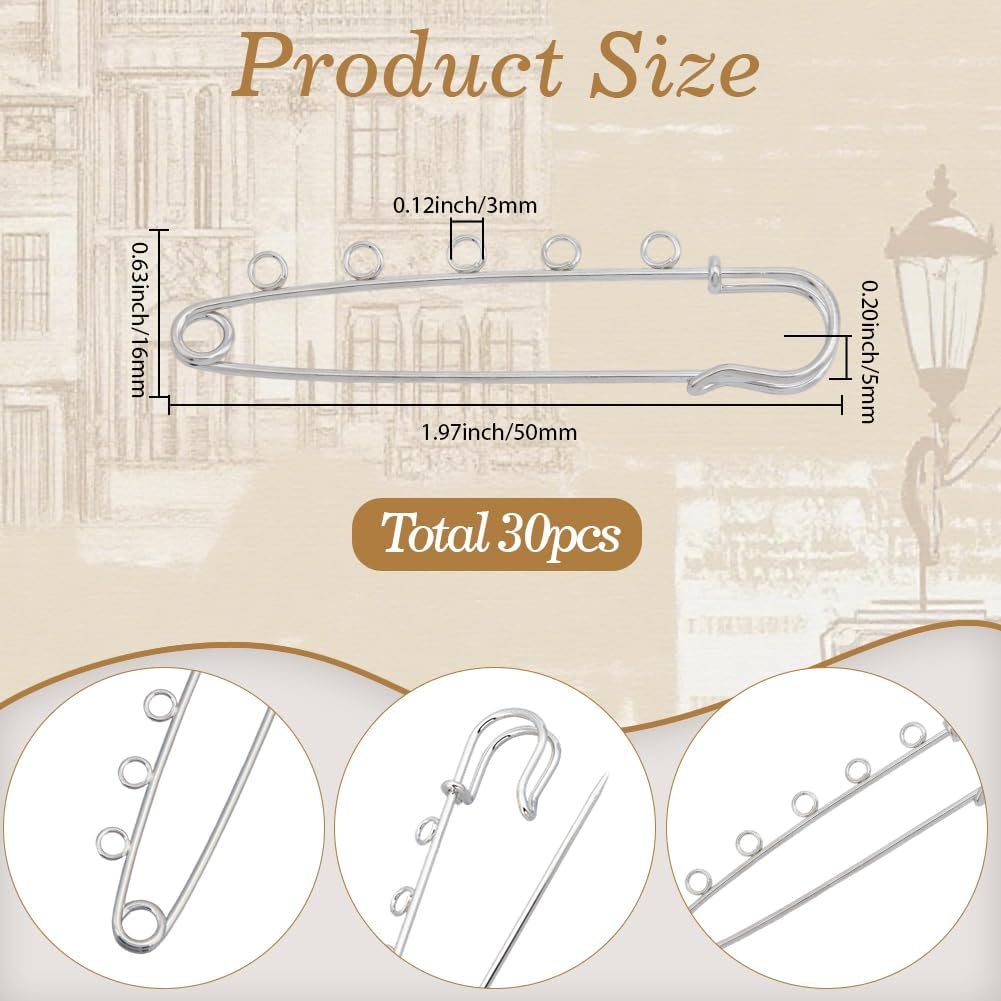 SUNNYCLUE 1 Box 30pcs 3.15in Silver Kilt Pins Safety Brooch Kilt Pins Iron Metal Fastener Decoration Brooch Blankets Pin Findings with 5 Loops for Jewelry Making Christmas Sewing Brooches Supplies