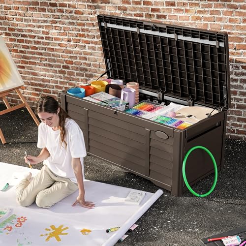 image for DWVO 120 Gallon Louvered Outdoor Storage Box, Lockable Resin Deck Box 