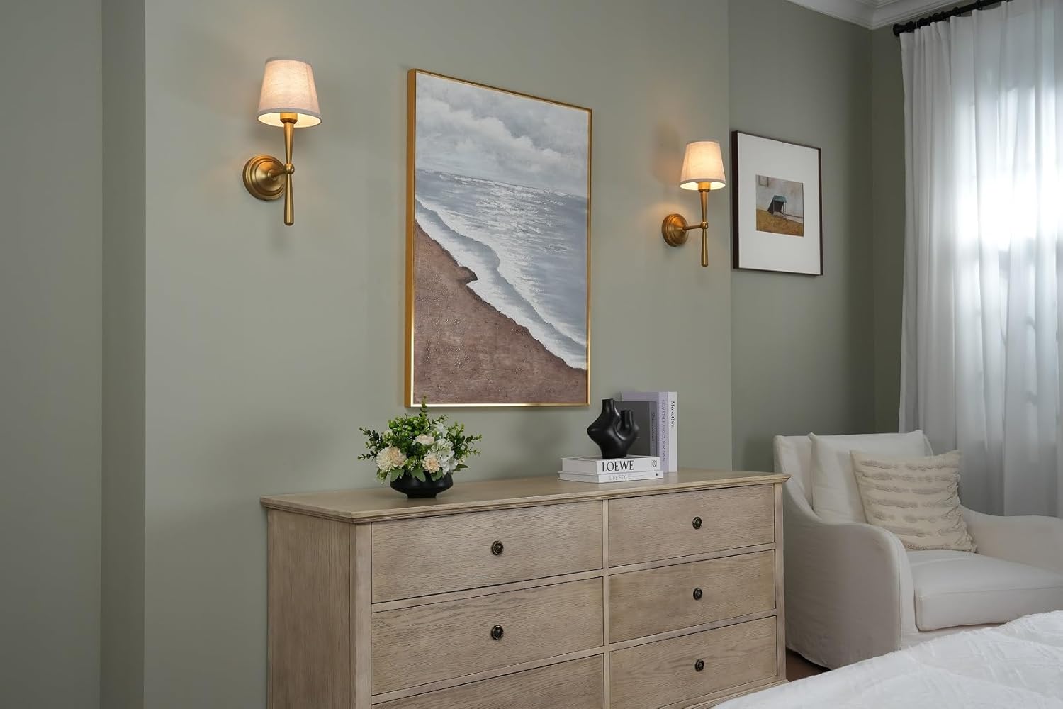 Yosoan Brass Linen Shade Bedside Vanity Wall Sconce Set of 2, Vintage Industrial Hardwired Indoor Boho Gold Wall Mounted with Funnel Textile for Bedroom Stairwell Hallway (Antique)