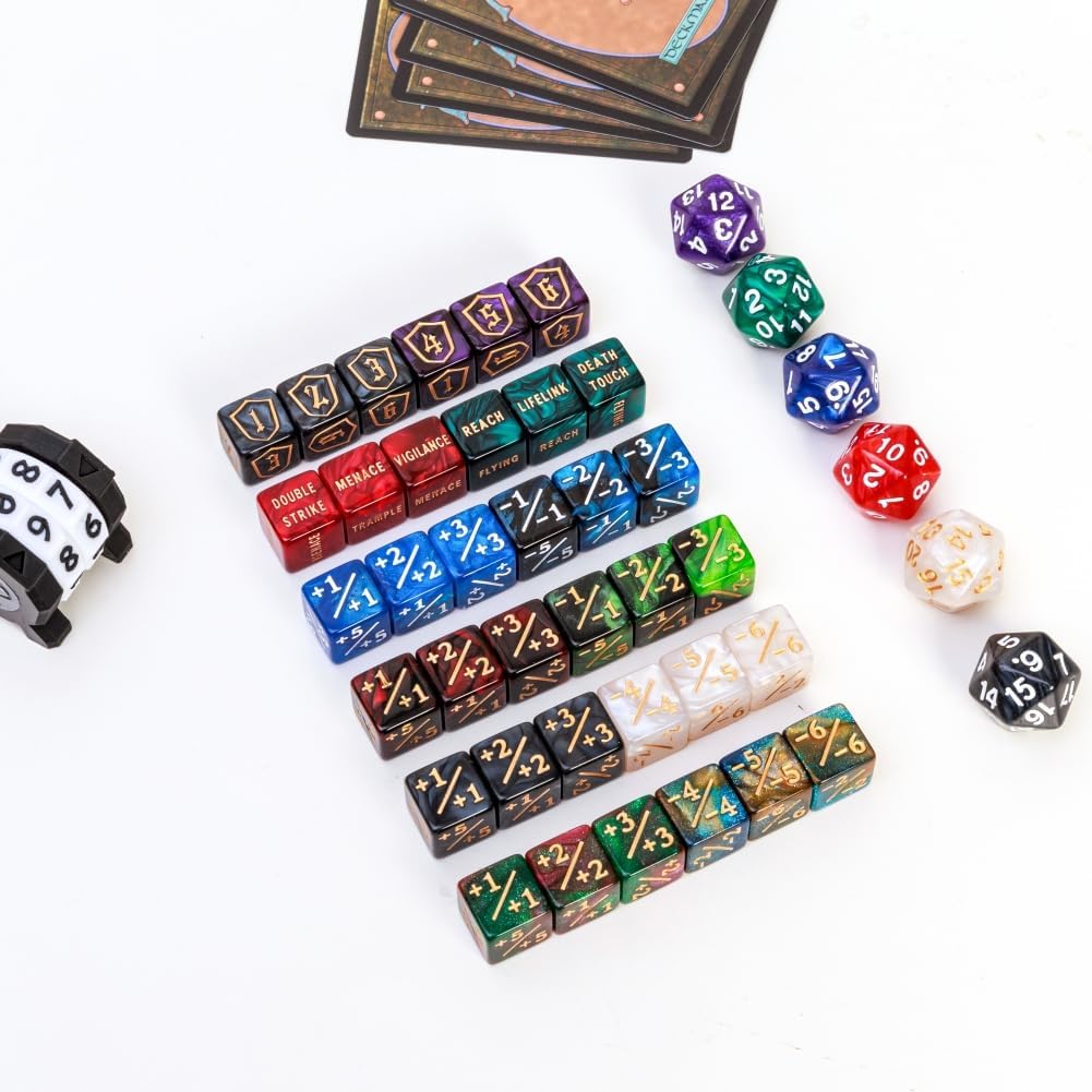 79 Pcs MTG Dice Set in 12 Colors with Plus 1 Life Counter Dices, Buff Ability Keyword Tokens, Shield and Spindown Dice, Life Counter Wheel Bag For MTG, TCG, Cards Gaming Accessories (Black and Purple)