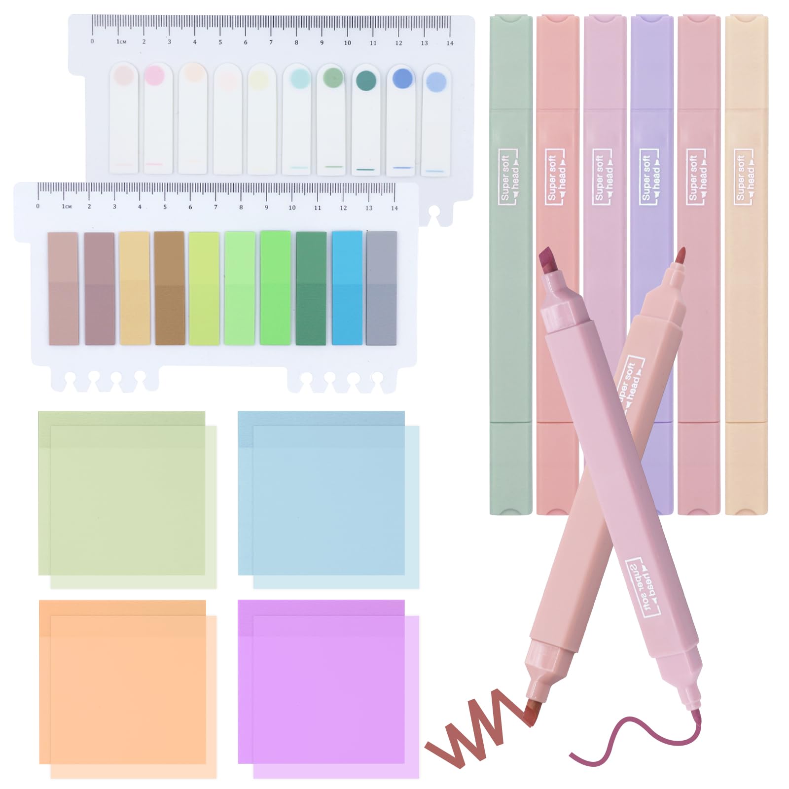 TAIHOBO 600PCS Sticky Notes, 6 Highlighters Pastel with Dual Tip, Transparent Book Tabs with Pastel Highlighter