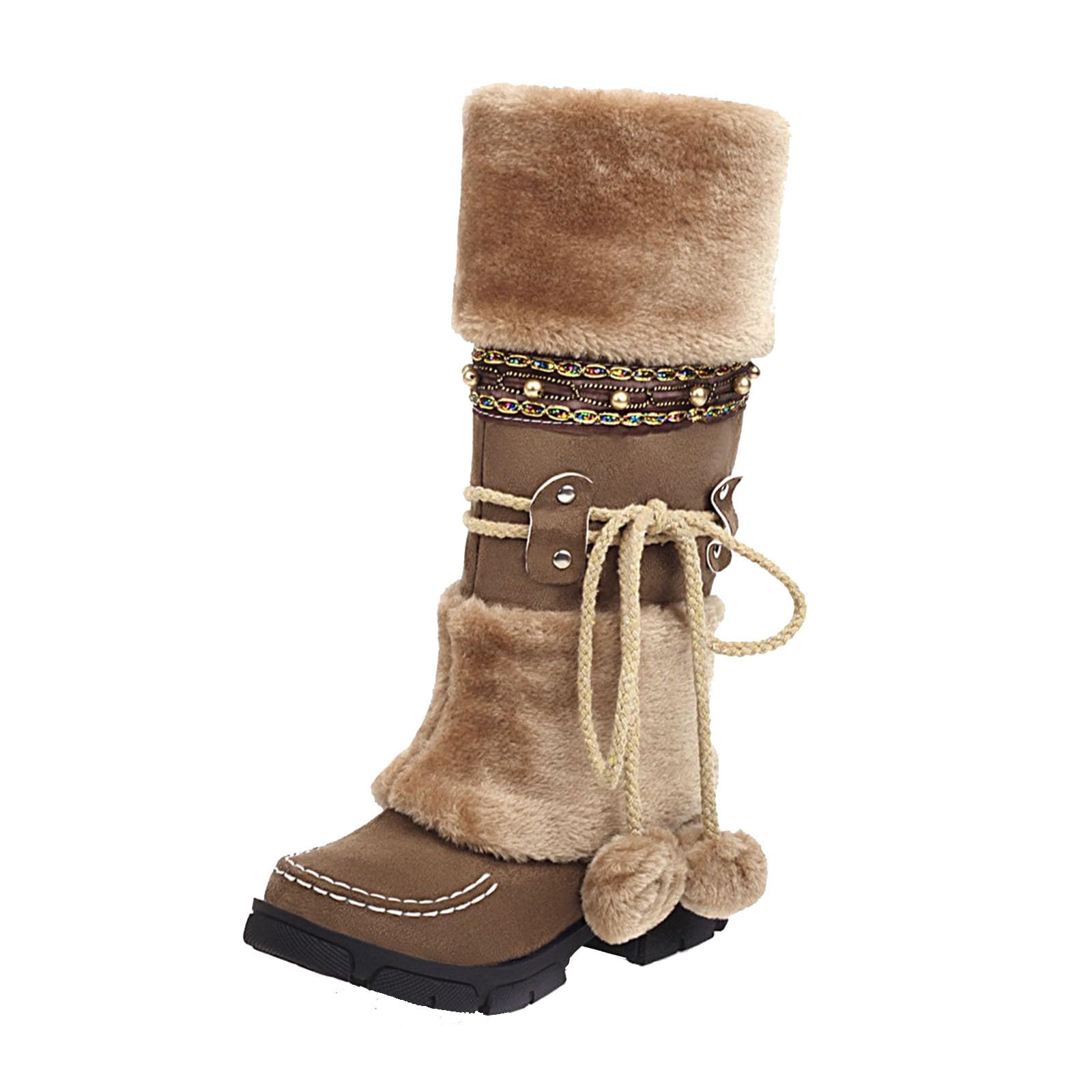 Womens Mid-Calf Slip On Winter Snow Boots Classic Round Toe Suede Faux Fur Cozy Warm Comfortable Winter Booties