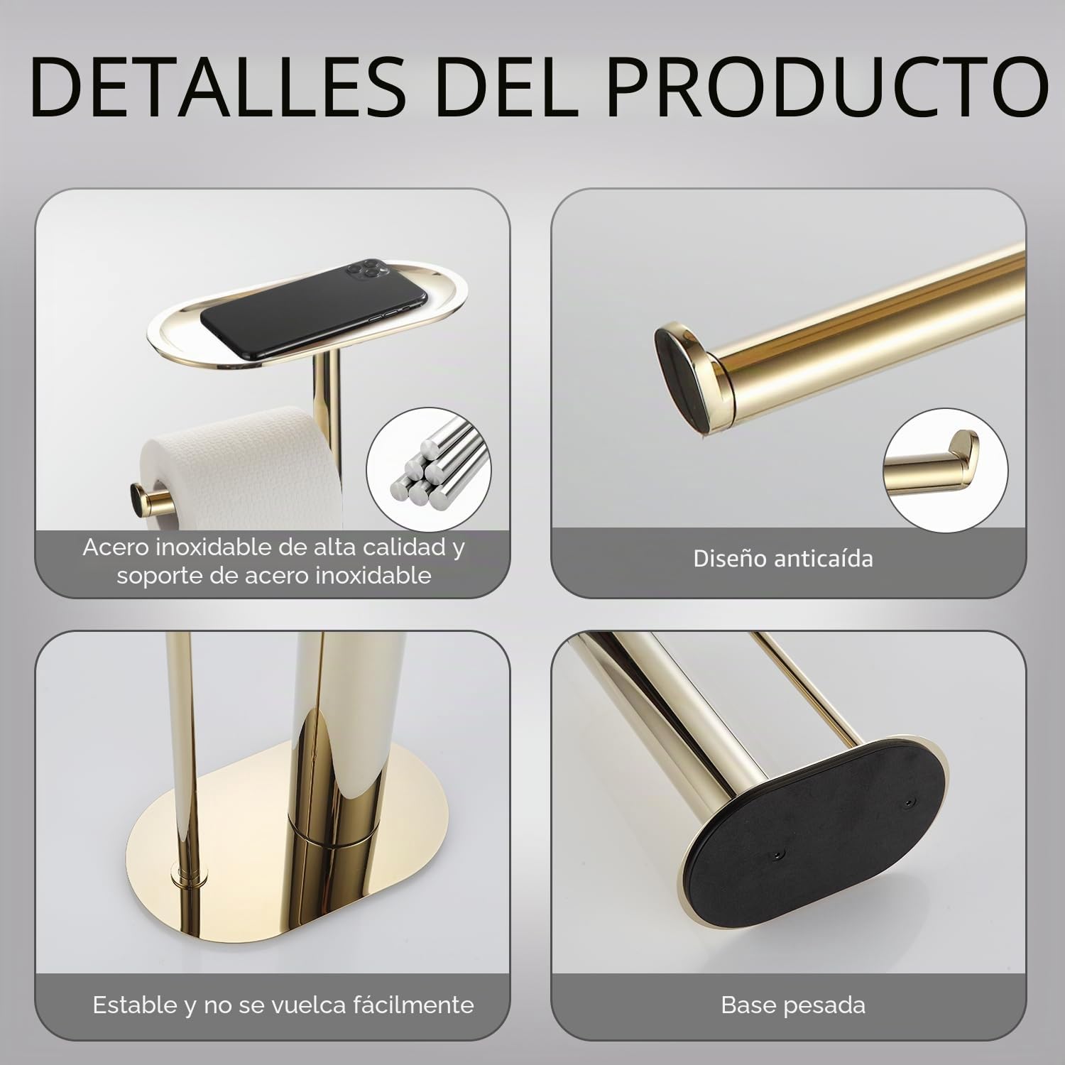BGL Juego de escobillas de baño de pie con soporte para papel higiénico 3 en 1 con estante, diseño moderno y de acero inoxidable dorado
