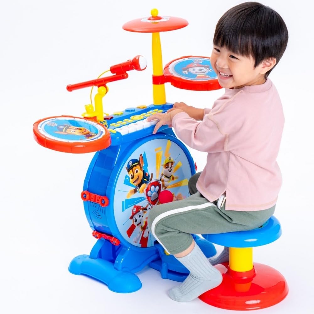 Lexibook K610PA Paw Patrol Chase Elektroniczny Zestaw dla Dzieci, Muzyczna Zabawka, Realistyczny Dźwięk Perkusji, 8-Klawiszowa Klawiatura, Wtyczka Mp3, Siedzisko w Zestawie, Niebieski, Czerwony
