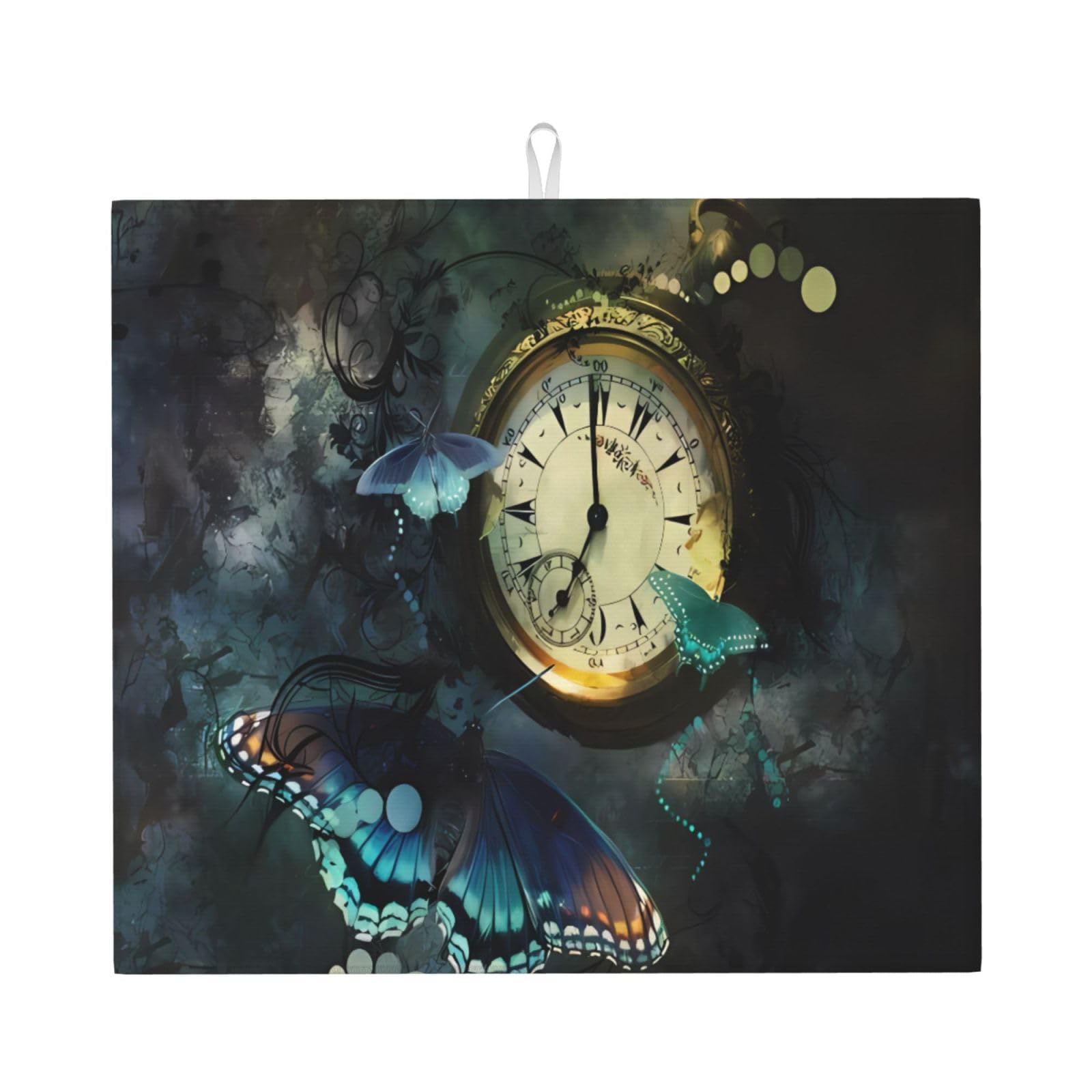 Yyhwhjde Black Clock Butterfly Prints Kitchen Drying Mat – Absorbent Dish Throw For Countertop, Non-Slip Layer With Vibrant Prints, Ideal For Housewarming