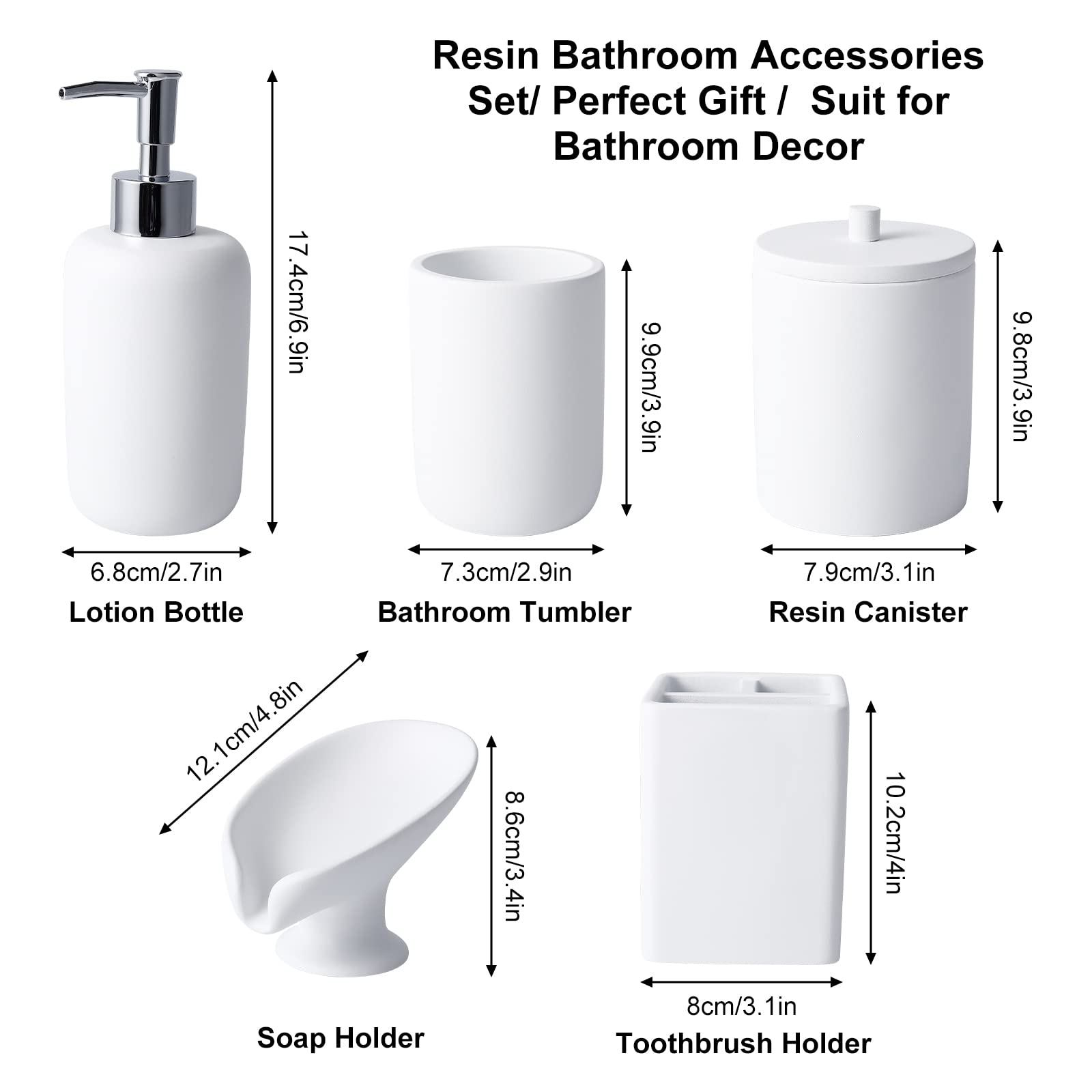 Resin Matte White Bathroom Accessory Set of 5, Lotion Soap Dispenser, Bathroom Organizer Accessories, Toothbrush Holder, Self Draining Soap Hoder and Bathroom Tumbler for Modern Home Decor