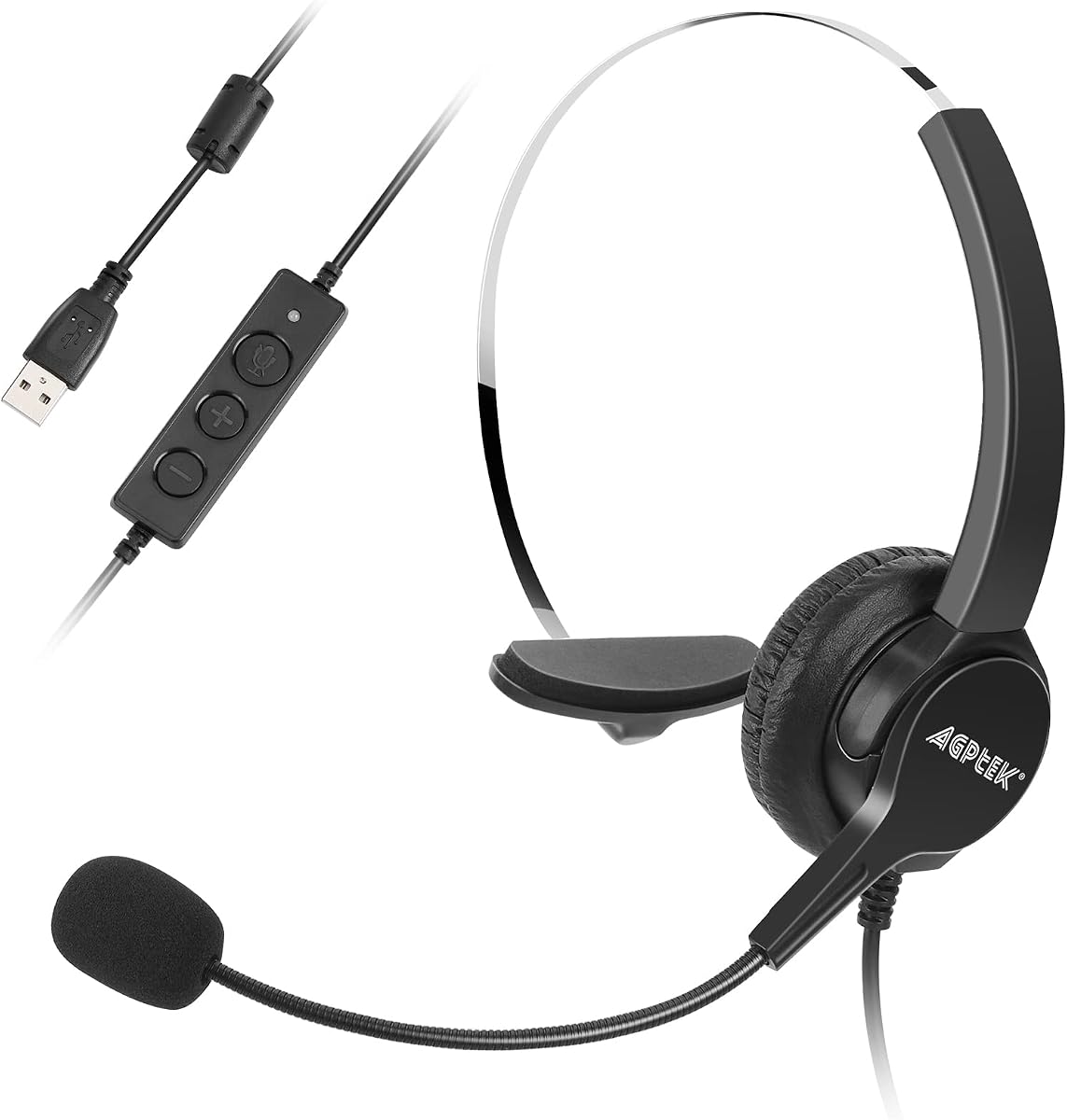 Auriculares mono con cable USB con cancelación de ruido para centro de llamadas | Auriculares Manos Libres para Centro de Llamadas de PC, con Micrófono con Cancelación de Ruido, con Micrófono, Enchufe USB y Control de Volumen