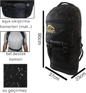 Baggor Montana 80 Litre Çift Körüklü Siyah Su Geçirmez Çok Gözlü Seyahat-Dağcı-Kampçı-Deprem Sırt Çantası