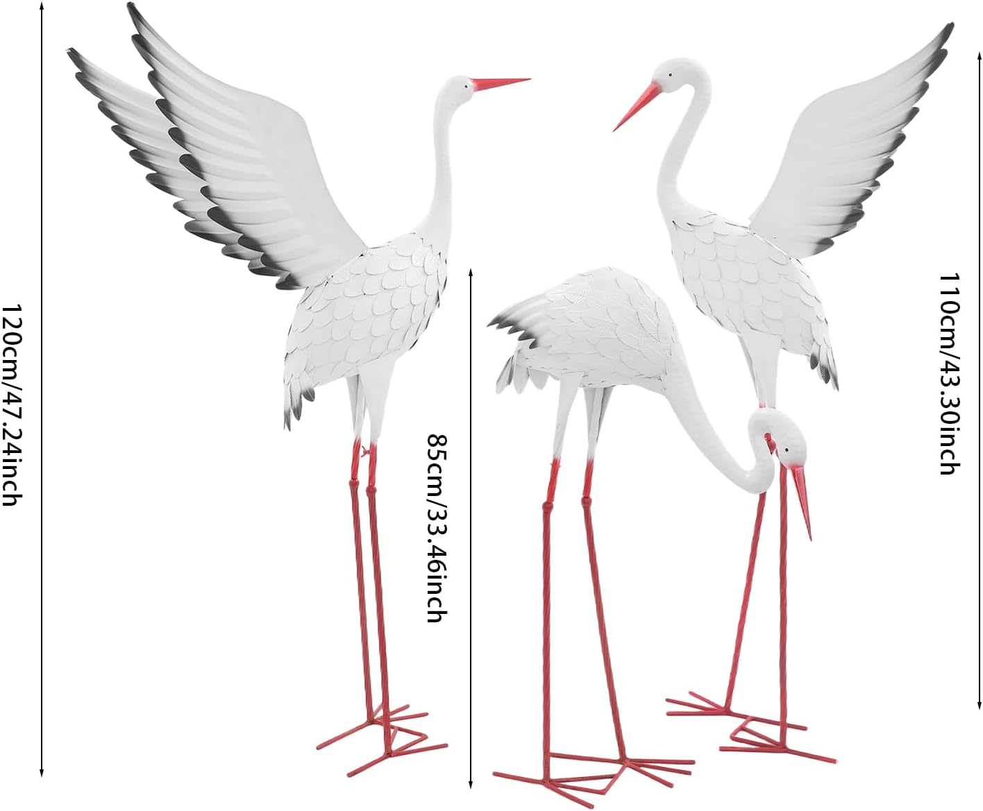 Crane Statues Set ，Metal Flying Crane Art Sculpture Set of 3， Durable Iron Statue Decor for Garden Yard Patio, Pond Outdoor Decor