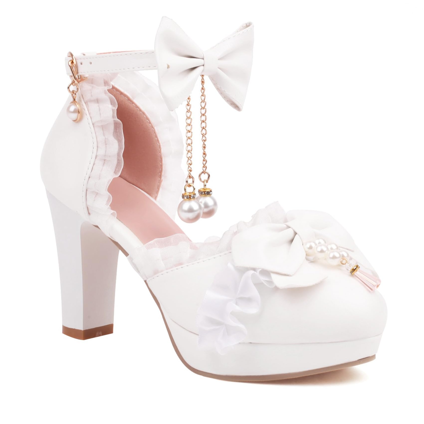 EXECAB Damen-Pumps mit süßem Schleife-Lolita-Prinzessin-Absatz, 9 cm Schnalle, Blockabsatz, Sandalen, klobige Anhänger-Schuhe, Hochzeits-Party-Abendschuhe