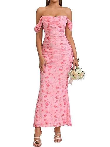 KUTUMAI Off The Shoulder Maxi Long Dress Corset Ruched Bodycon