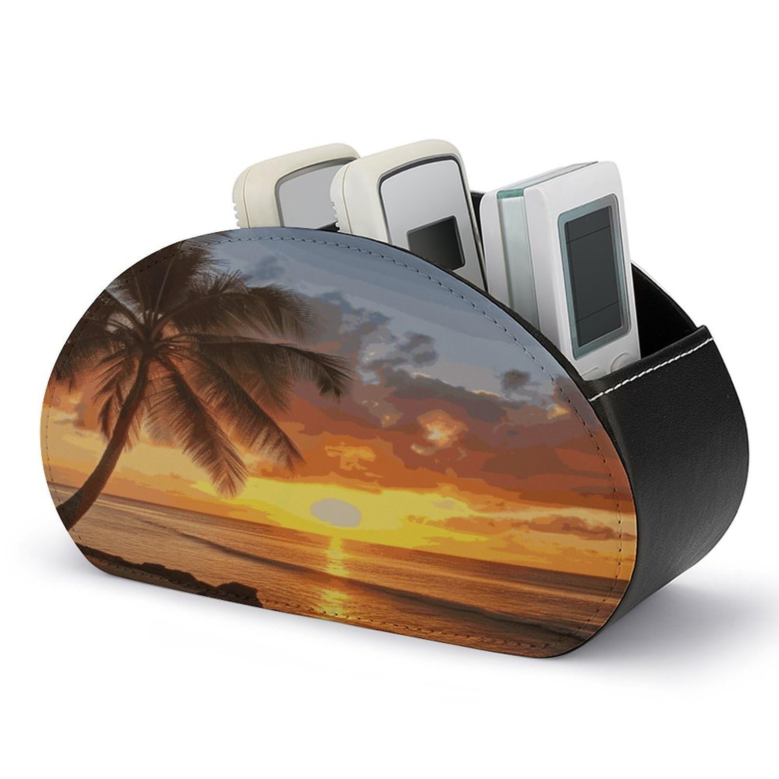 FekiLoot Sunset Hawaiian Palm Tree Remote Control Holder with 5 Compartments Multi-functional TV Remote Caddy Organizer Leather TV Remote Holder Desktop Organizer Store for Bedside Table Office Desk