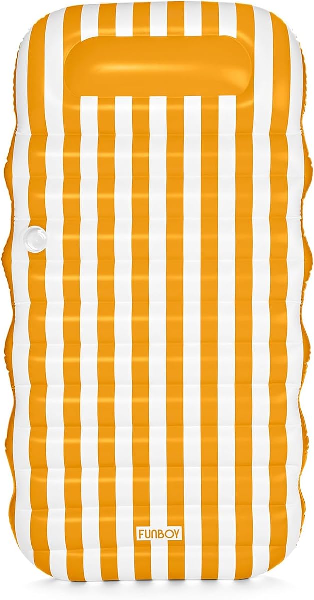 Yellow & White Cabana Striped Flat Lounger Pool Float | Built-in Pillow, 70", For Adults, Swimming Pool Accessories & Tanning
