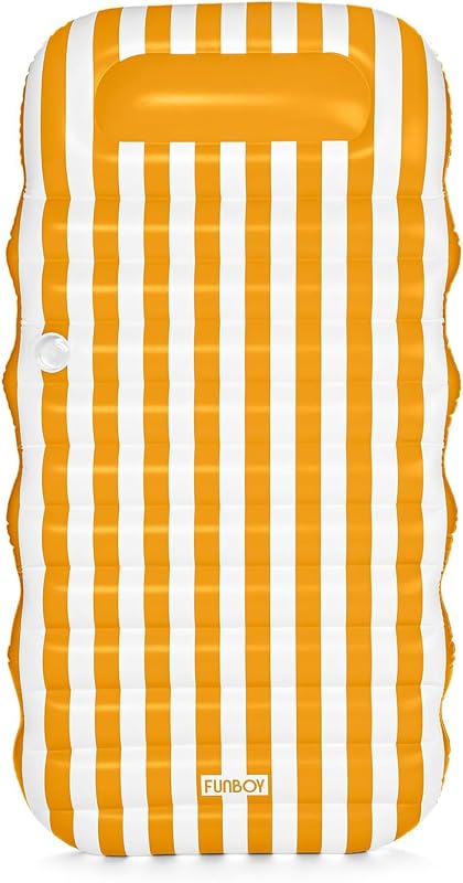 Yellow & White Cabana Striped Flat Lounger Pool Float | Built-in Pillow, 70", For Adults, Swimming Pool Accessories & Tanning