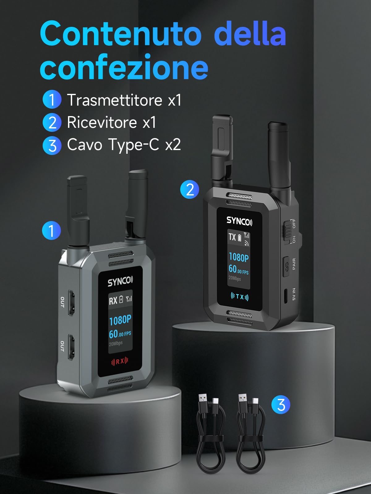 SYNCO Sistema di Trasmettitore Video Wireless HD port 1080P 60FPS, XVision Trasmettitore e Ricevitore HD con Doppia Uscita HD port e Loop Out Latenza 0.04s 300m per Live Streaming Fotoripresa
