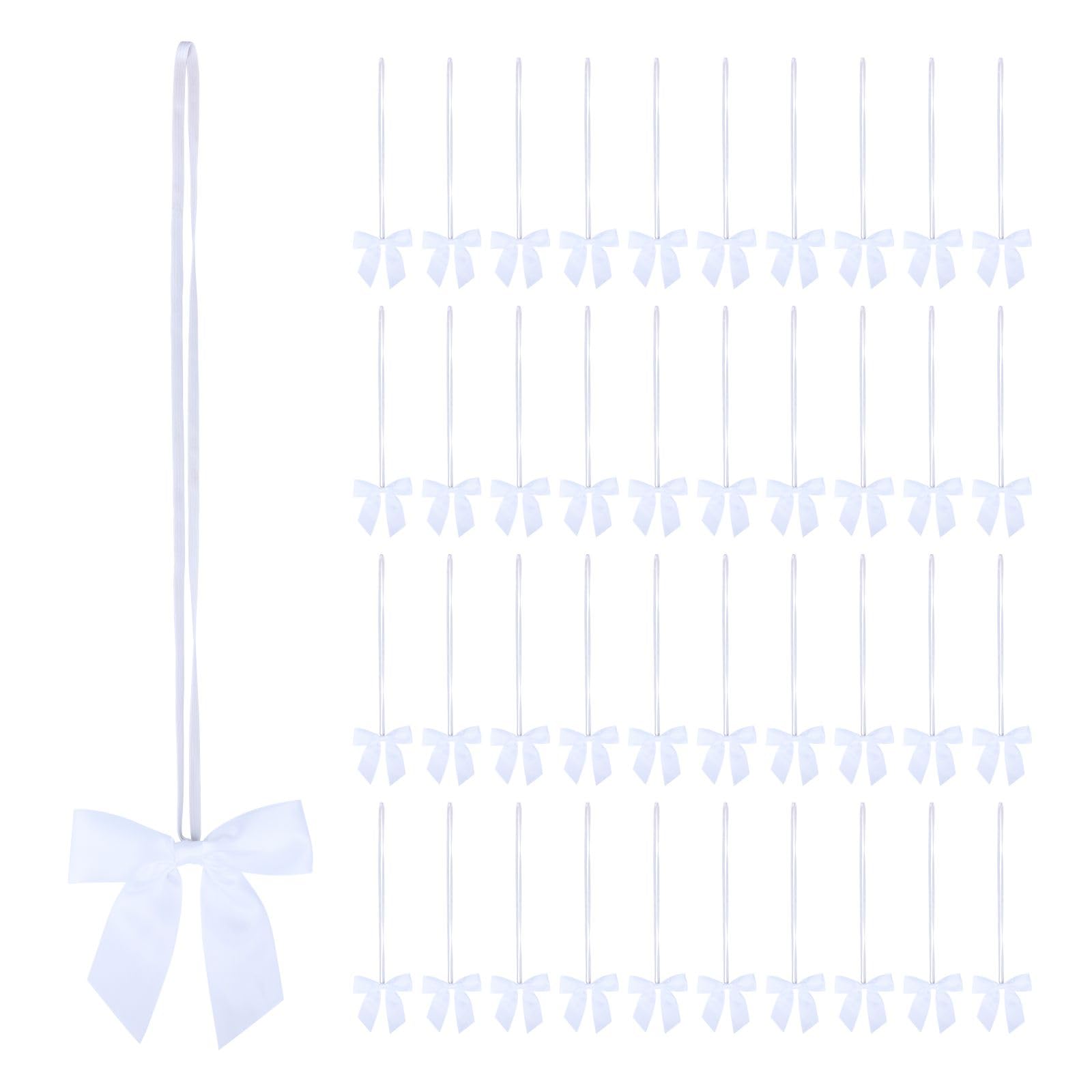 Meseey 50 lazos elásticos de 14 pulgadas con lazos de cinta blanca preatados para envolver regalos, baby showers, bodas, cajas de Navidad (14 pulgadas, blanco)
