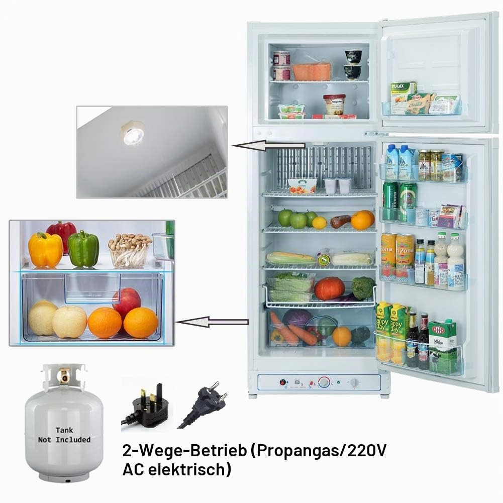 SMETA GAS Kühlschrank mit Gefrierfach, Gas/230V, Kühl-Gefrierkombination, für Gîte, Garage, Camping, Wohnmobil, 265L, Weiß