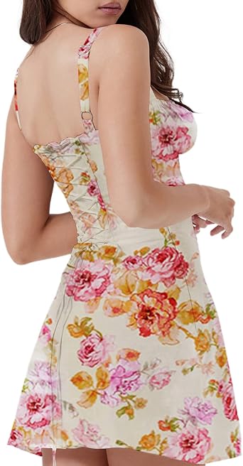FIOMVA Women Y2k Mini Dress Spaghetti Strap Backless Dress Sexy Low Cut Slip Short Dress Going Out Party Clubwear