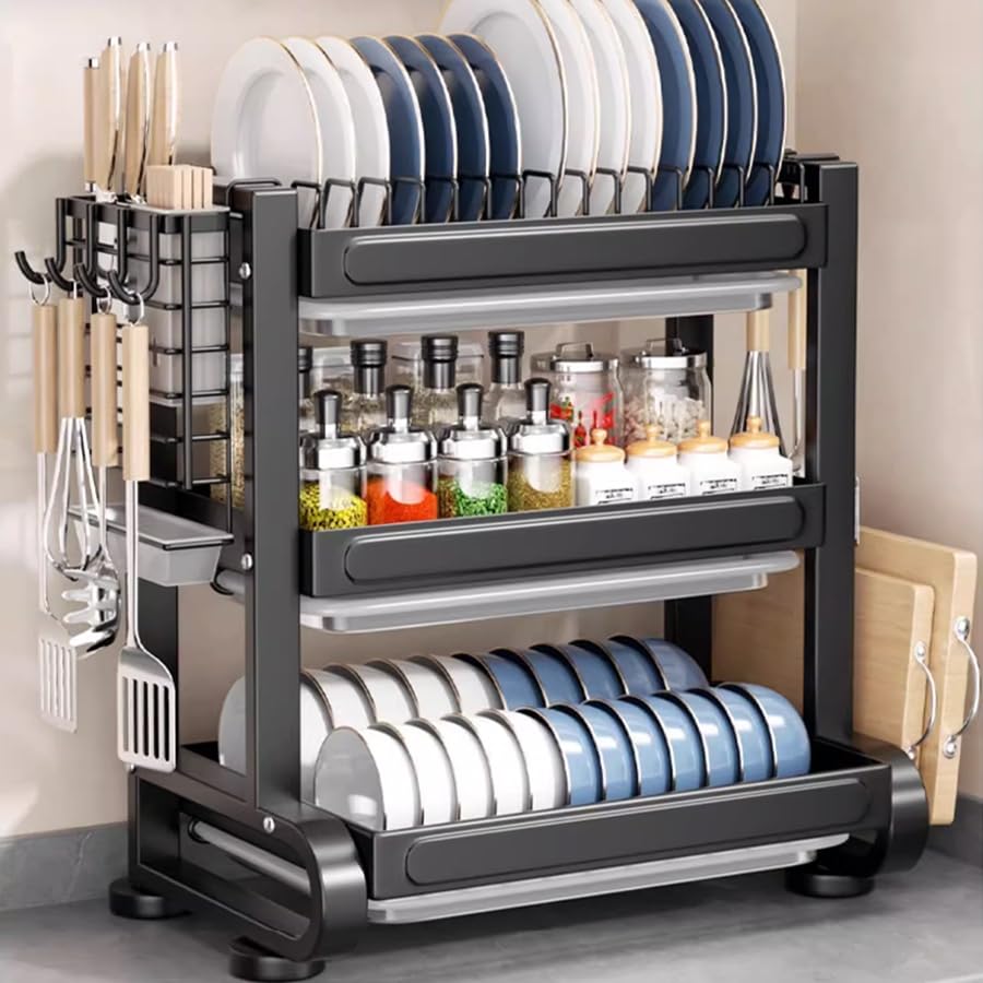 Zilnox 水切りラック 食器 水切り かご 大容量 キッチン ラック 多機能収納 省スペース 組立簡単 ブラック 3段 幅55.5*奥行27x高51.5CM