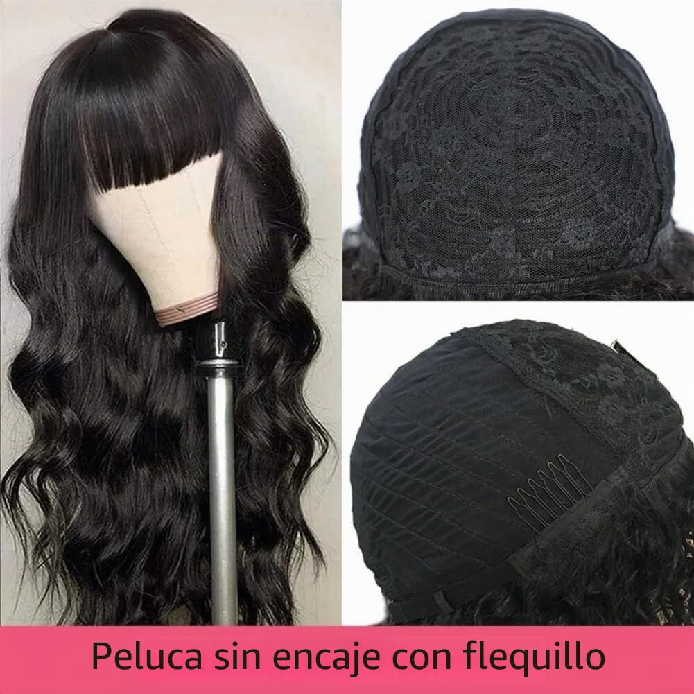 Pelucas Mujer Pelo Natural Humano 20 Pulgadas(50cm) Peluca Body Wave de Cabello Humano con Flequillo Frontal sin Encaje y sin Pegamento Densidad 180% Negro Natural para Mujer