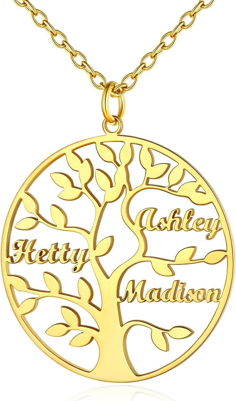 Custom4U Tree Of Life Necklace Personalized with 1-8 Names S925 Silver/Stainless Steel/18k Gold Family Tree Pendant Custom Handmade Birthday Gifts for Mom Grandma Women Gifts for Birthday (Gift Box)