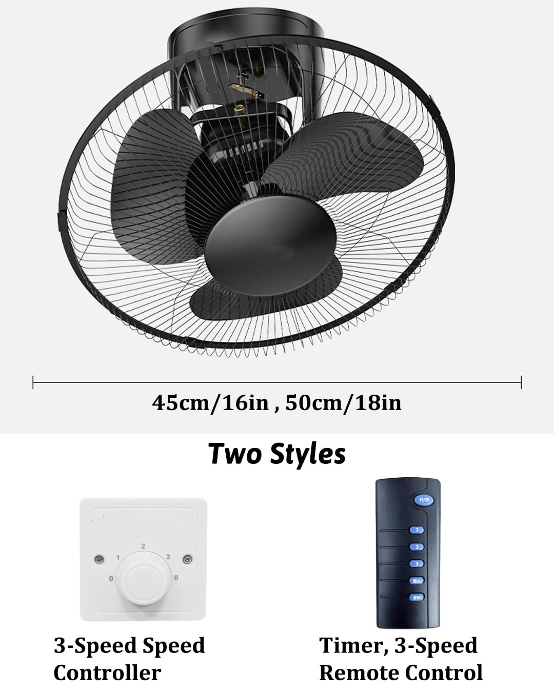 Ventilatore a soffitto Senza Luce, Telecomando, 3 velocità | Silenzioso, 60W, timer 4h, per camera da letto, ufficio, casa, dormitorio(Remote Control Model,18in)